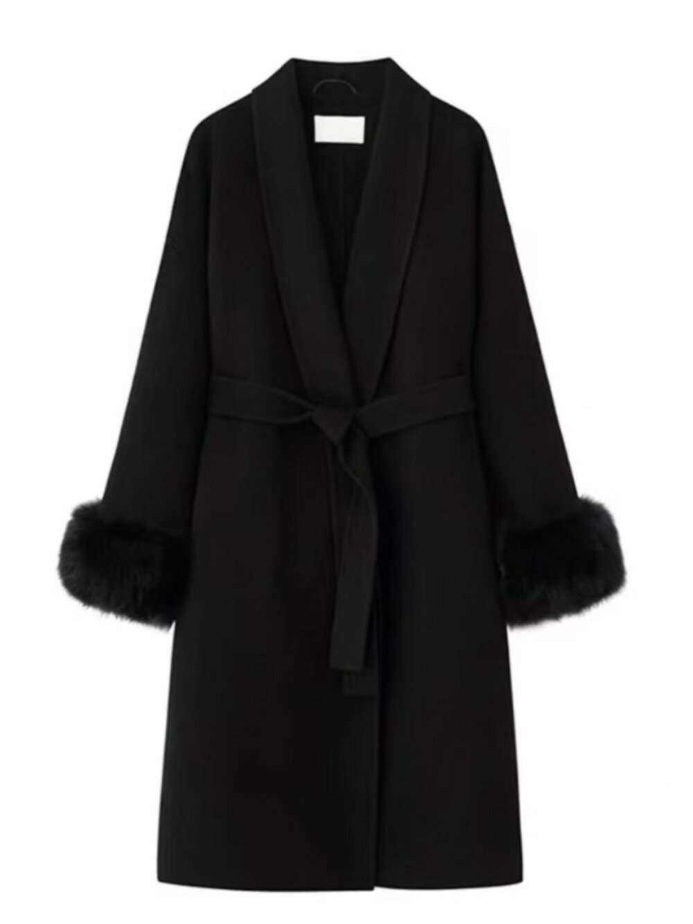 Black Wool Blend Robe Coat w Faux Fur Cuffs | Long Minimal Coat XS-M
